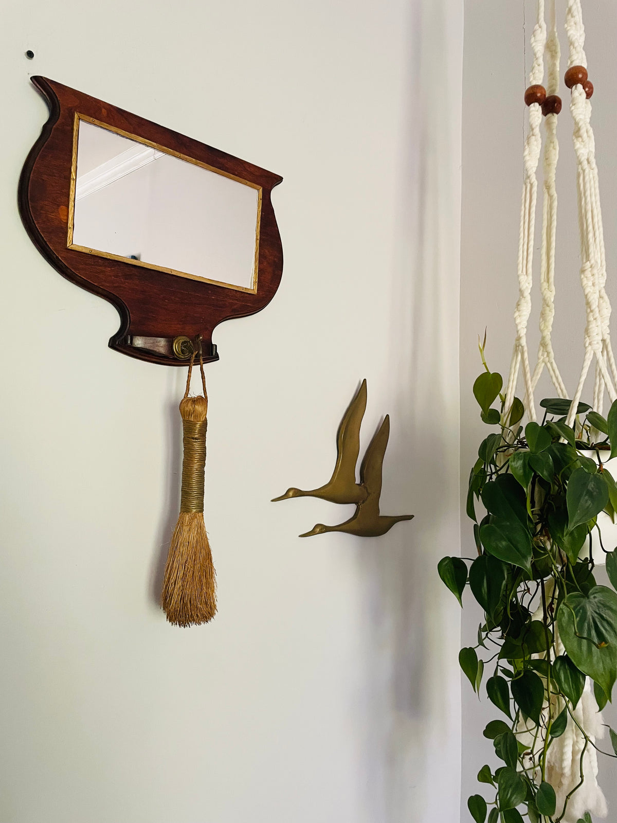 Vintage / Antique Wood Mirror with Gold Trim & Brass Hook for Hanging Items