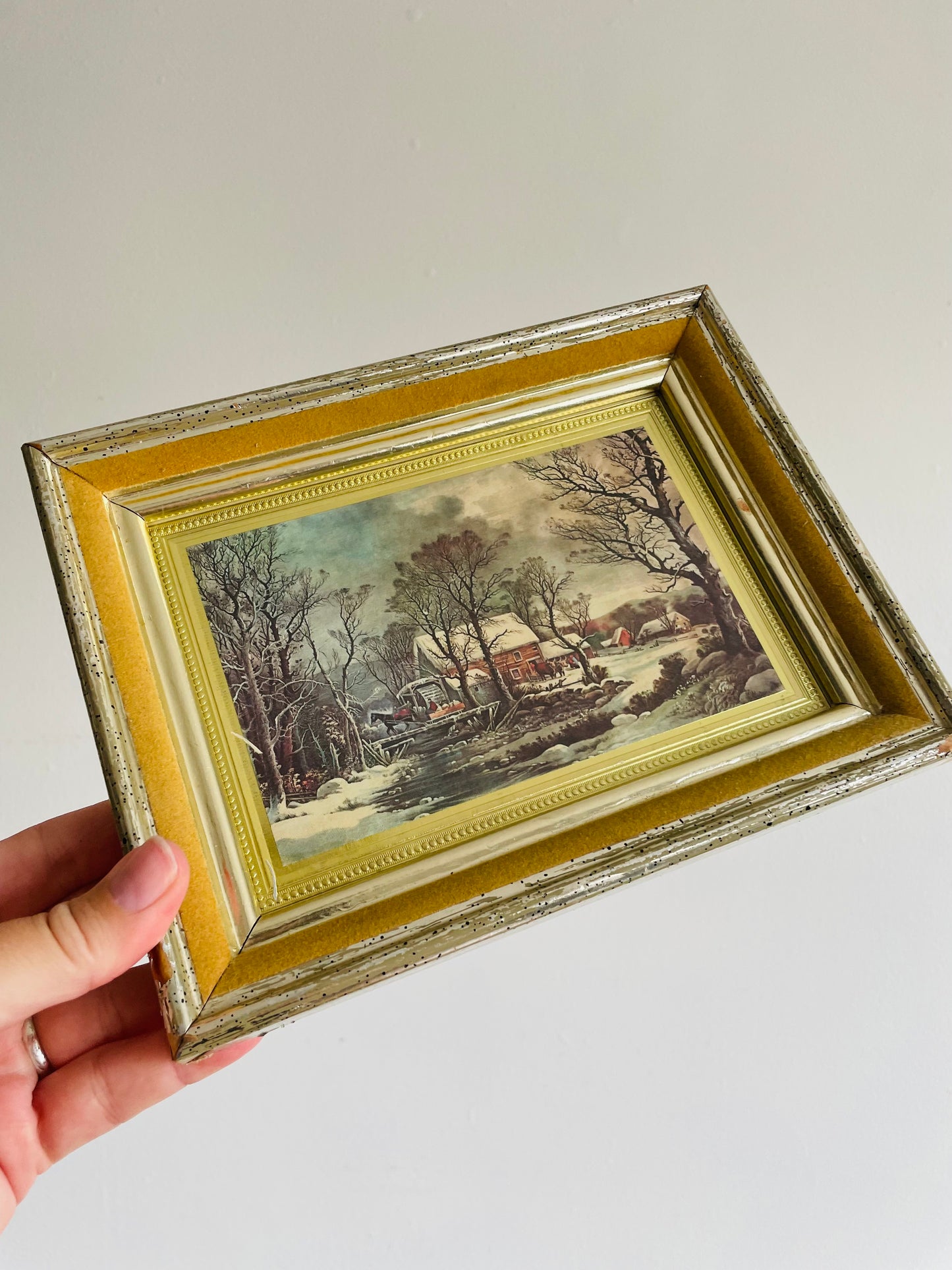 Framed Print of Snowy Farmhouse Scene with Horse Drawn Sleigh Over Bridge