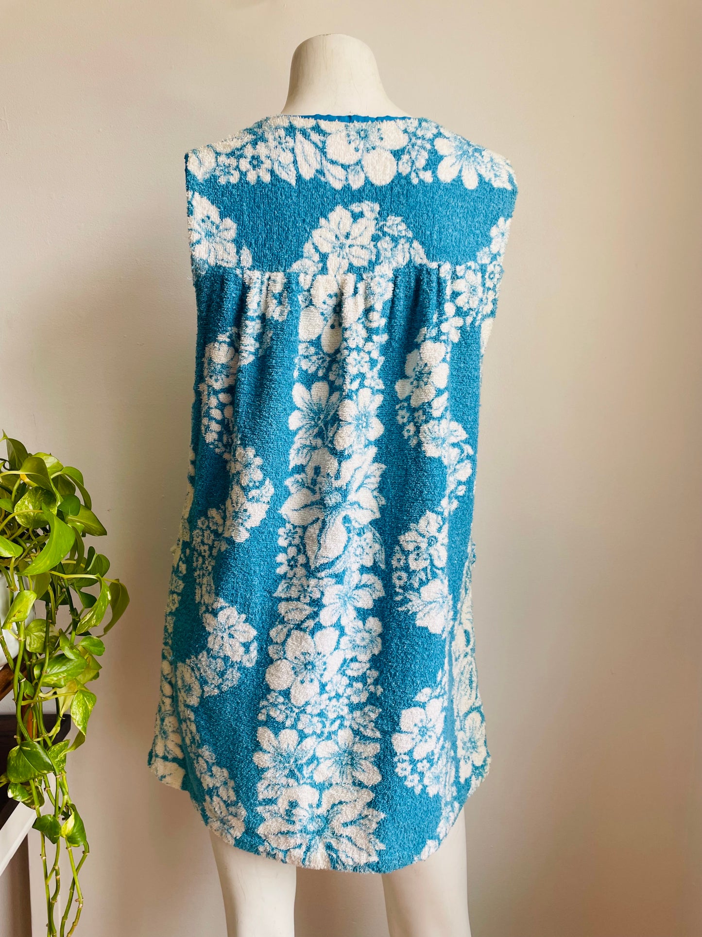 Zippered Terry Cloth Towel Dress or Beach Cover-Up with Pockets & Blue & White Tropical Hibiscus Flower Design