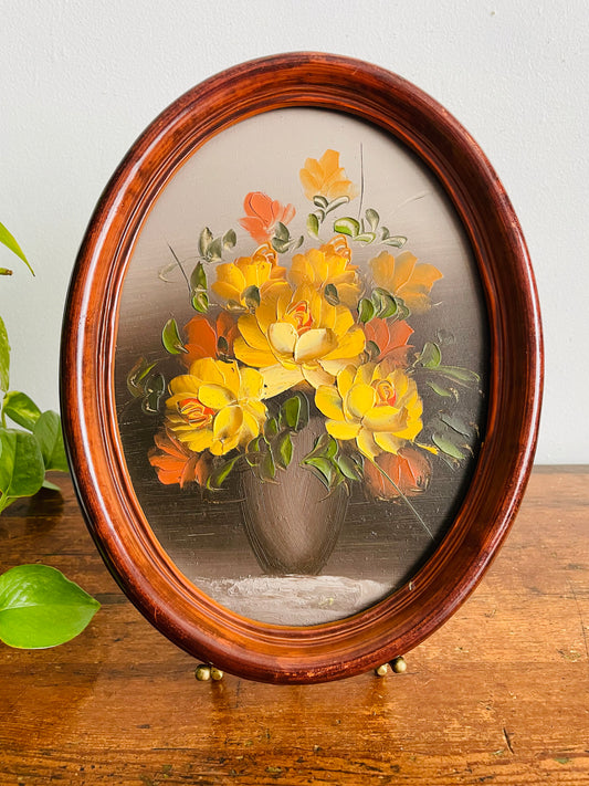Vintage Original Art Painting of Yellow & Mustard Flowers in Vase in Oval Frame