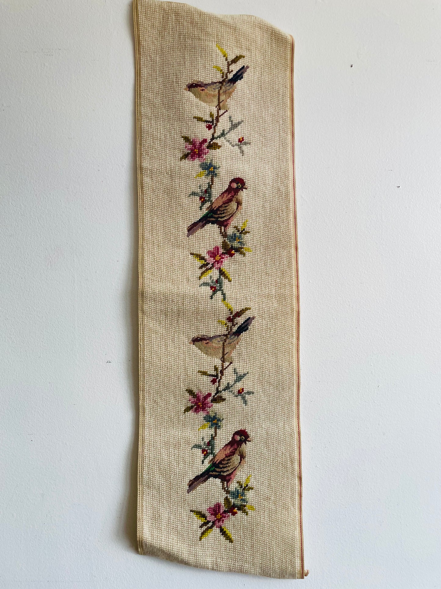 Long Needlepoint Embroidery Panel of Birds & Flowers