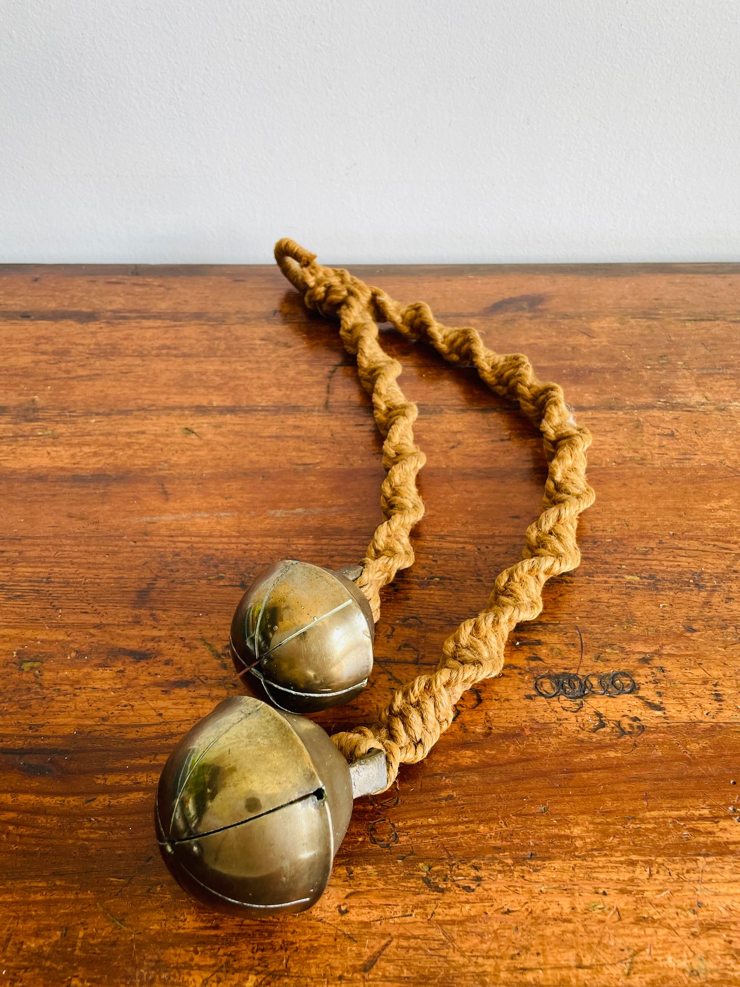 Vintage Handwoven Jute Rope Macrame Garland with Large Brass Jingle Bells - Wall Decor, Chime, Curtain Tieback, Etc.
