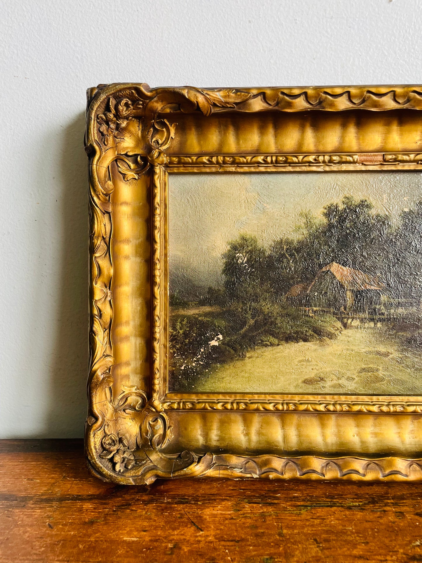 Antique Frank G. Hart's Oil Painting Facsimile Picture in Ornate Gold Frame - "The Old Watermill"