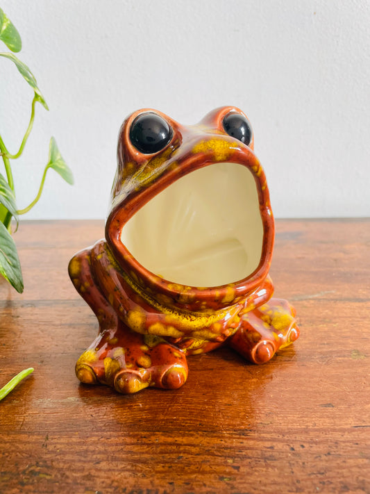 Vintage 1979 Wide Mouthed Frog Scrubbie / Scrubby Sponge Holder - Brown & Yellow Acid Drip Glaze