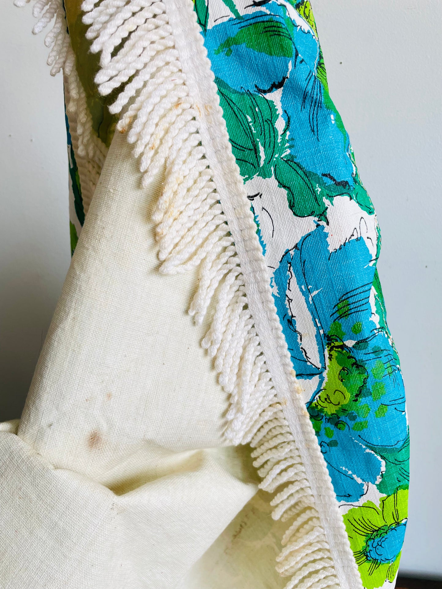 Vintage 1960s/70s Groovy & Fun Green & Blue Flower Power 44" Round Vinyl Patio Tablecloth with Umbrella Hole & White Braided Tassel Fringe