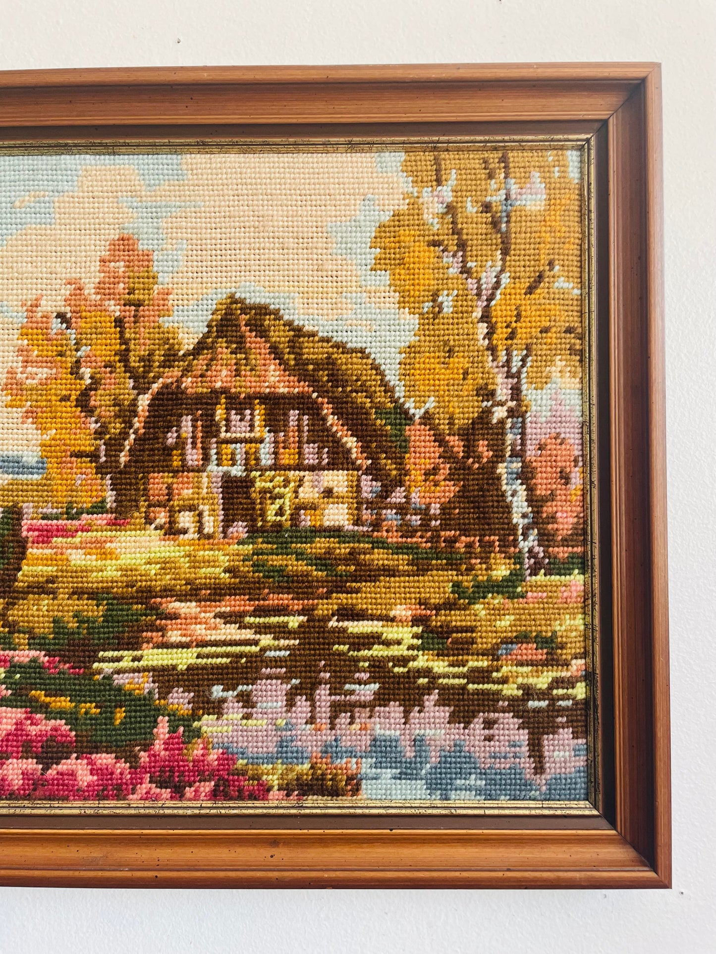 Vintage Needlepoint Embroidery Picture of Thatched Roof Cottage in Countryside with Beautiful Gardens