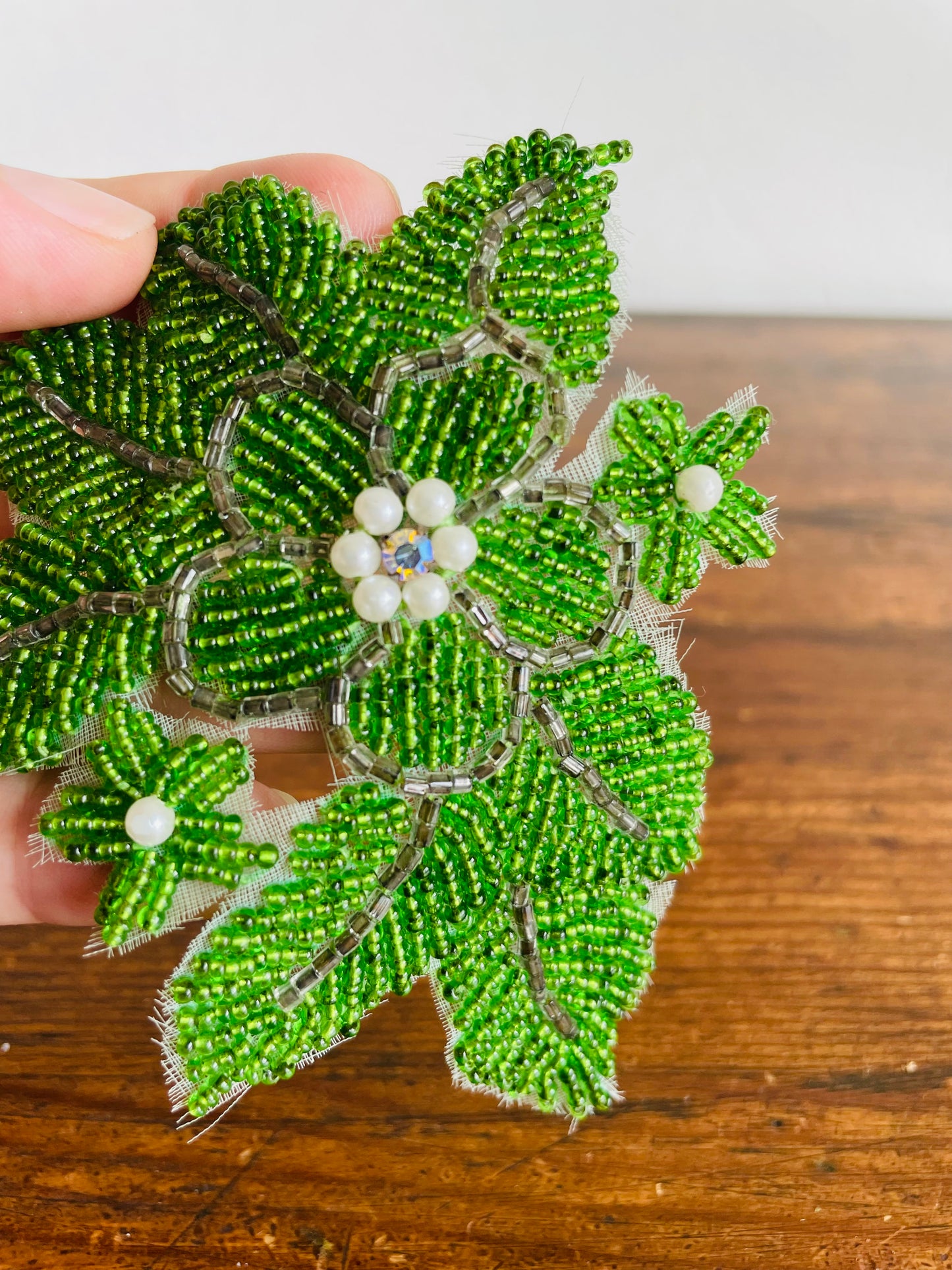 Handmade Green Flower Beaded Appliqué Patch