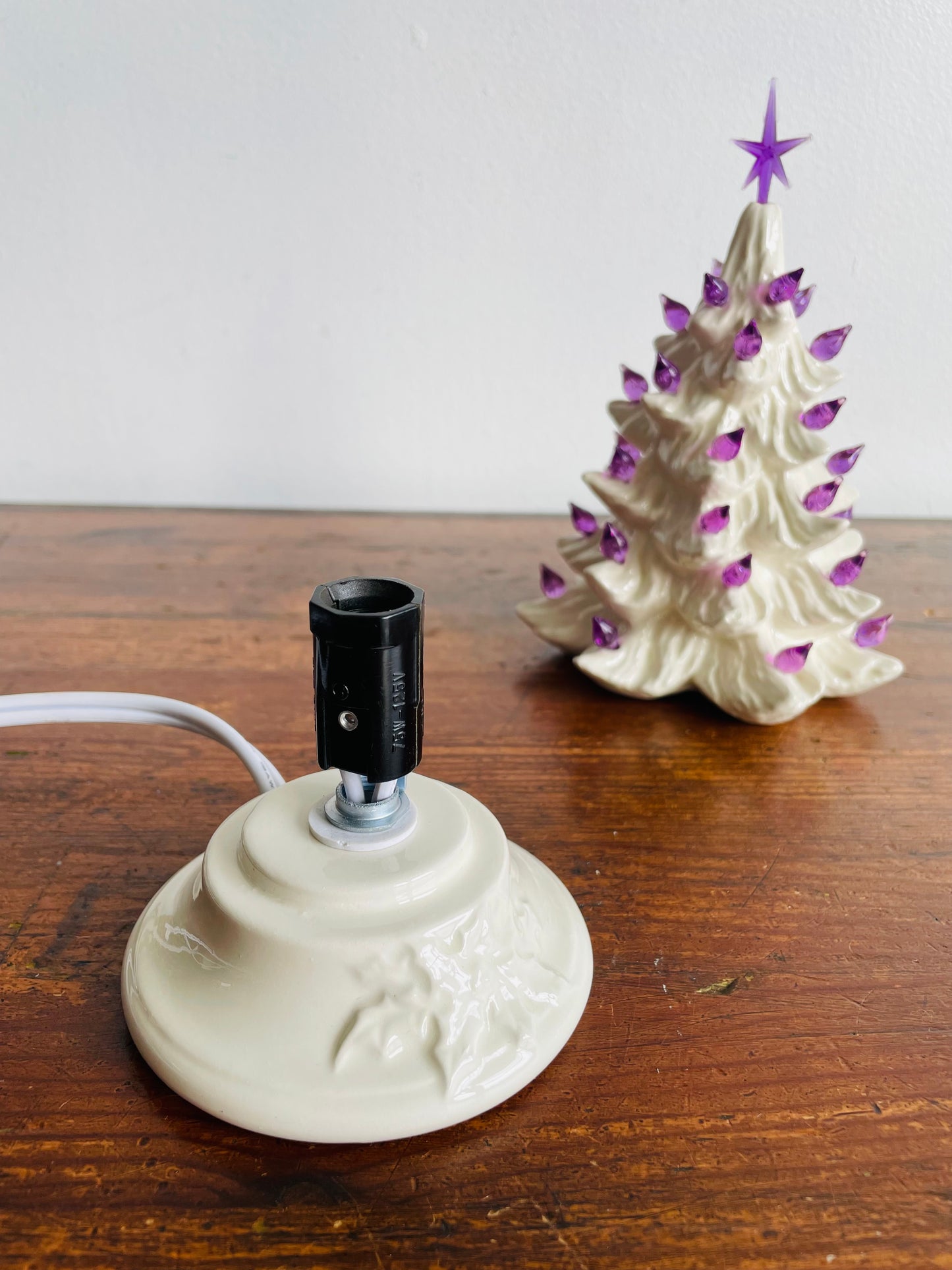 Miniature White Ceramic Light Up Christmas Tree with Purple Bulbs & Star (2005)