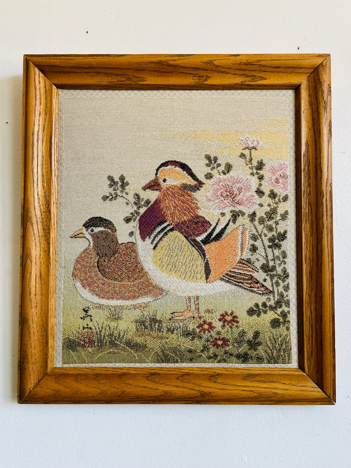 Vintage Framed Stuffed Tapestry Fabric Picture of Mandarin Duck Birds