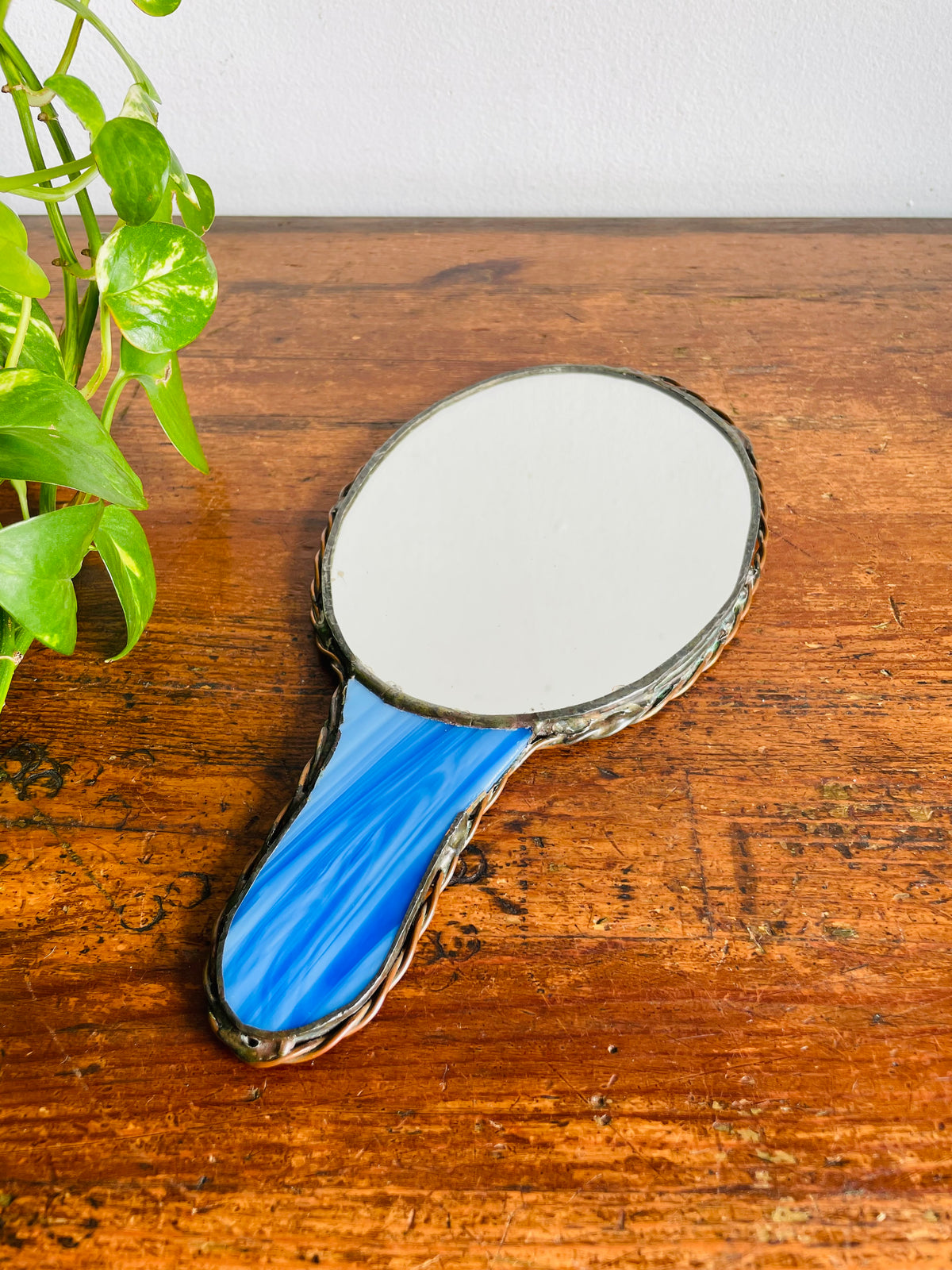 Vintage Stained Glass Handheld Mirror with Blue Rose Flower Design