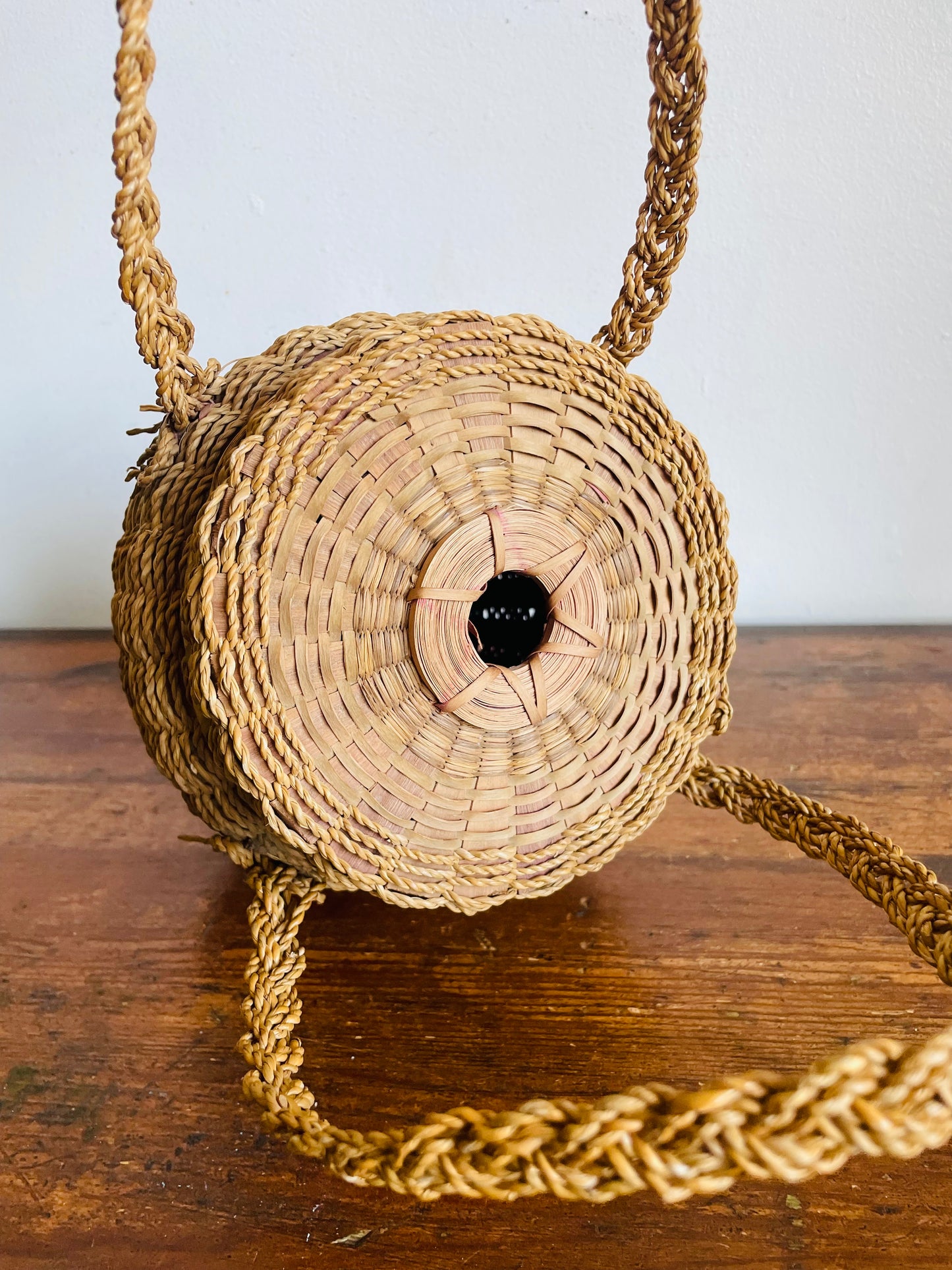 Vintage Indigenous Woven Ash Wood & Sweet Grass Yarn Holding Basket with Braided Handles & Lid - Hole in Lid to Pull Yarn Through