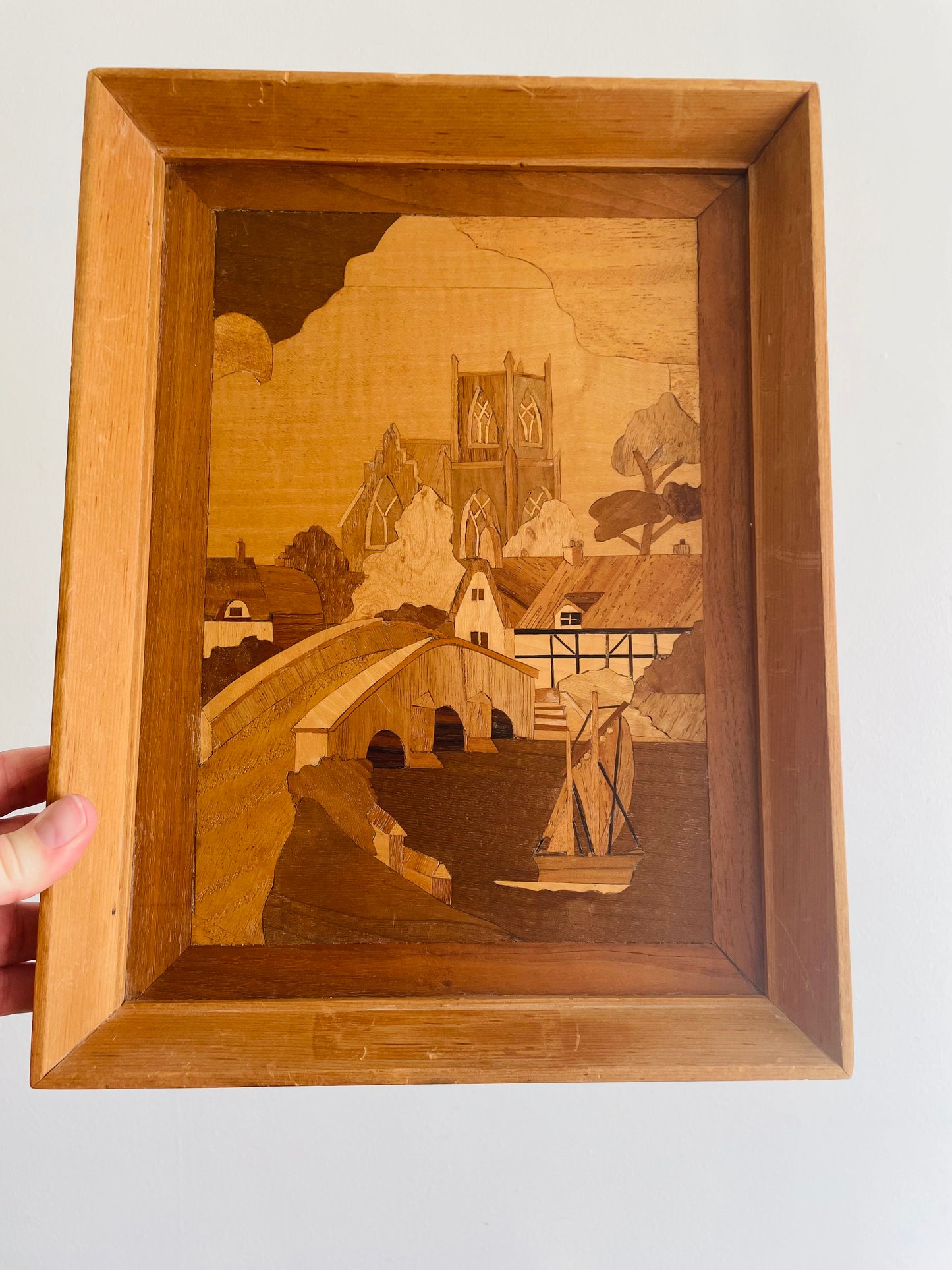 Handmade Framed Inlaid Wood Marquetry Picture - The Village Church by Harold Hurst