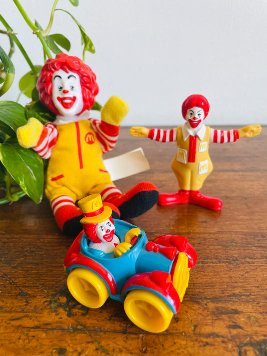 Vintage McDonald's Happy Meal Toy Bundle - Ronald McDonald Themed Toys - Finger Puppet Doll, Circus Car & Action Figure- Set of 3
