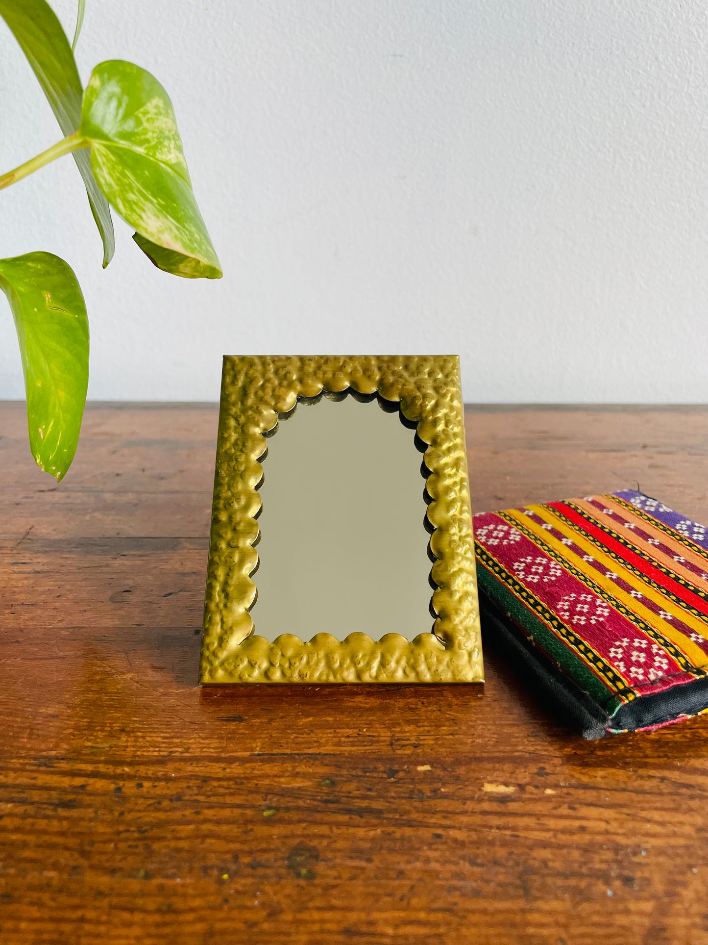 Pocket Sized Hammered Brass Mirror with Cloth Pouch