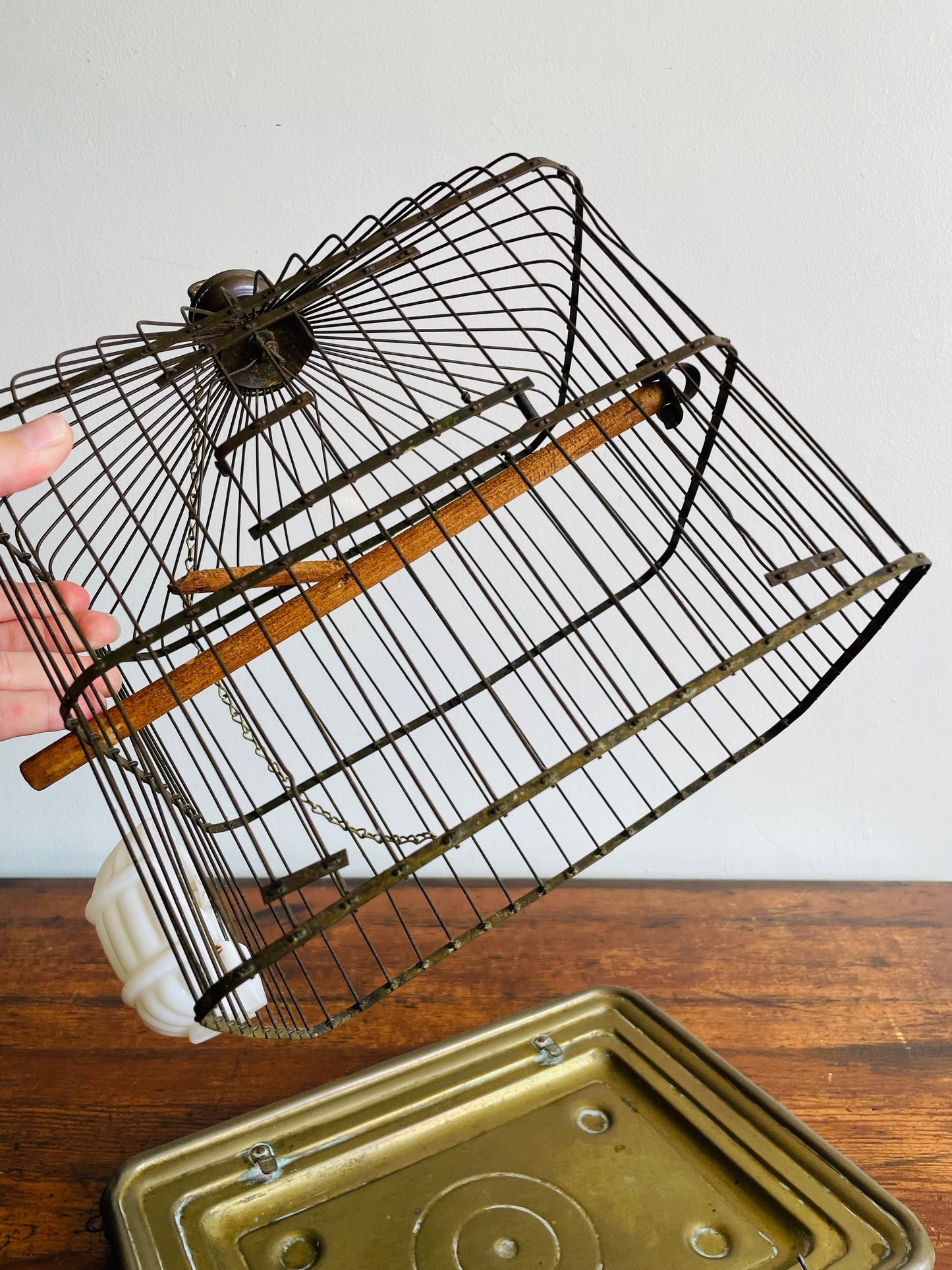 Antique Hendryx Brass & Metal Wire Bird Cage with Wood Perches & Milk Glass Food Dish - Art Deco Decor