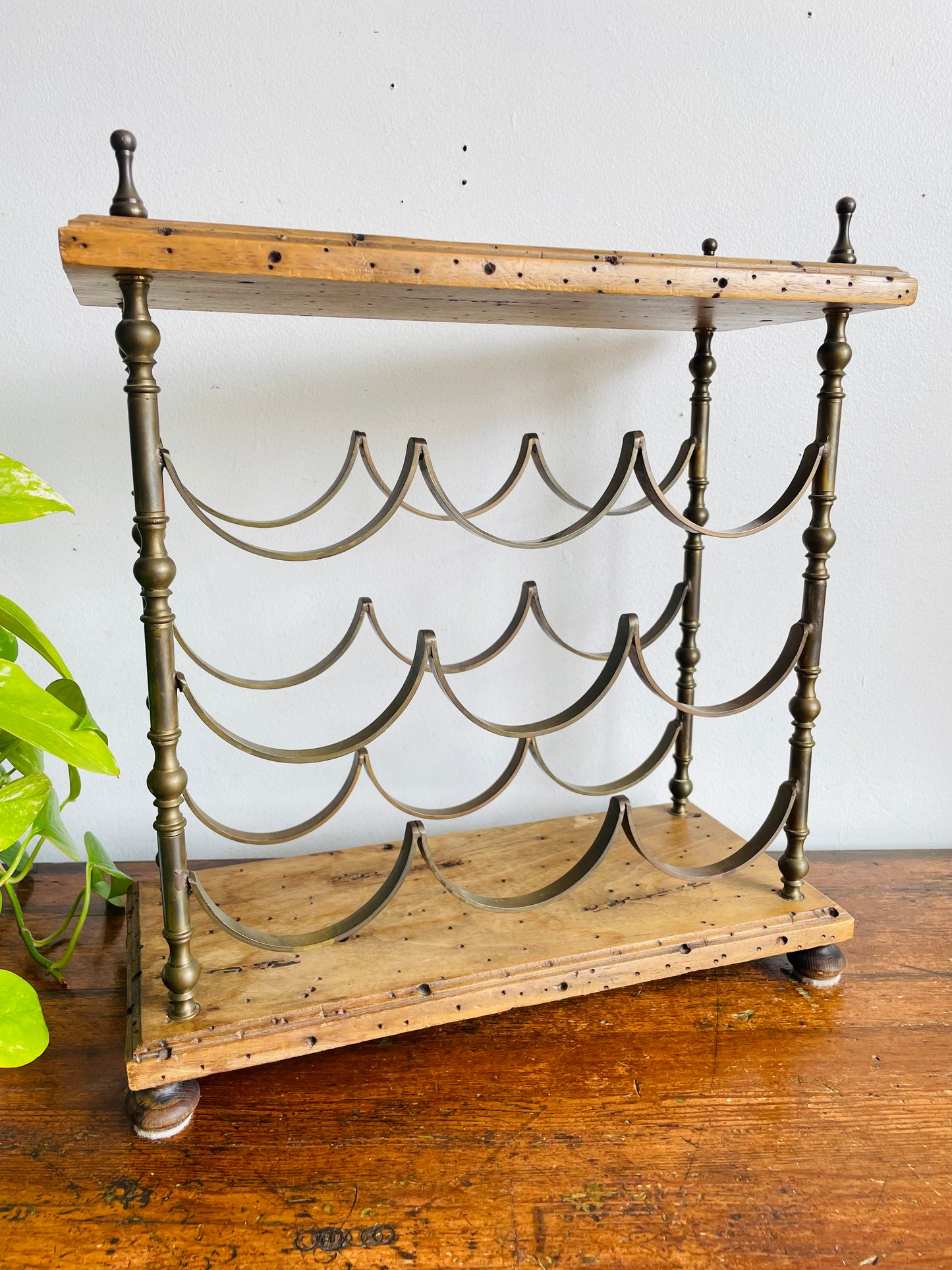 Vintage Italian Sturdy Wood & Solid Brass Footed Tabletop Wine Bottle Holder - Holds 9 Bottles - Made in Italy