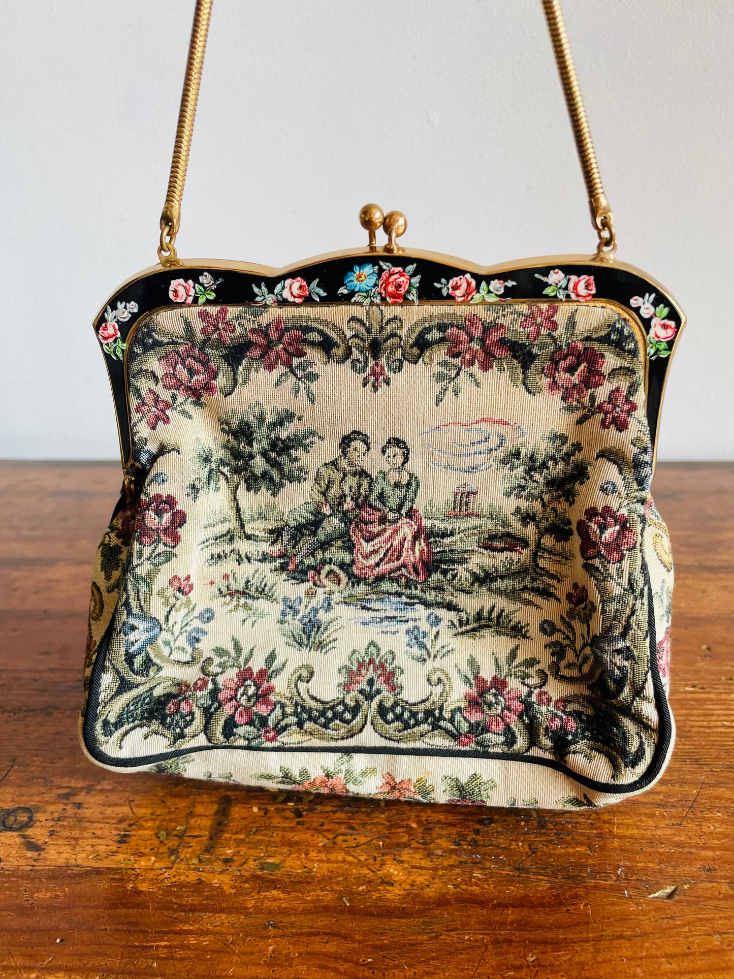 La Marquise Romantic French Tapestry Evening Bag Purse on Brass Chain