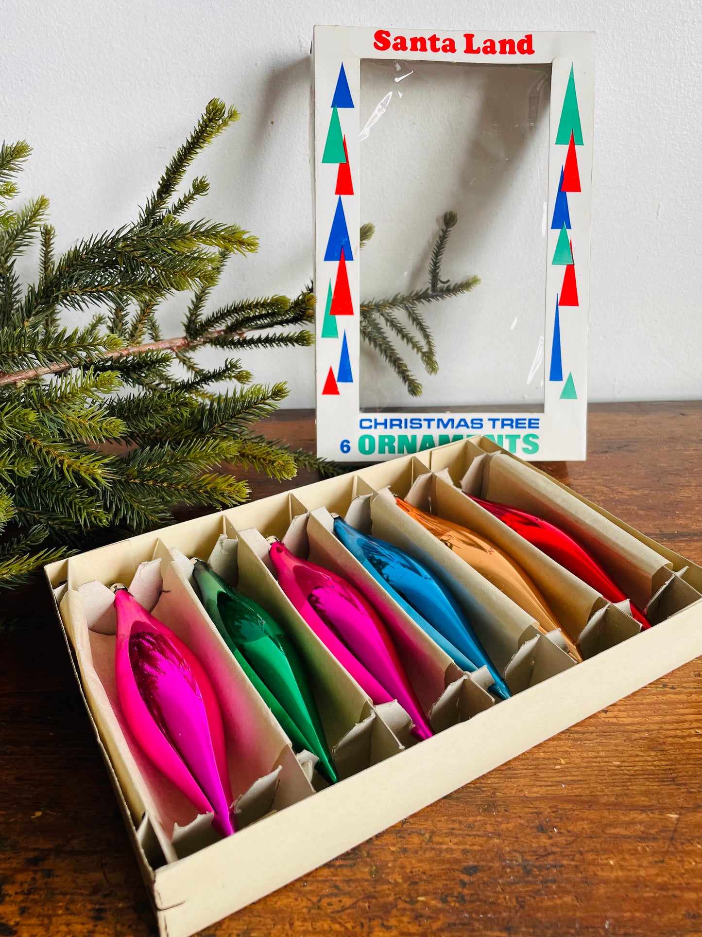 Brand New Vintage Santa Land Hand Blown Glass Christmas Tree Ornaments in Original Box - Set of 6 - Teardrop Shaped - Multi-Colour - Made in Poland