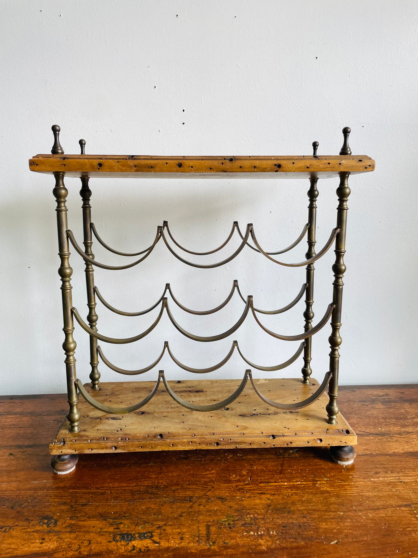 Vintage Italian Sturdy Wood & Solid Brass Footed Tabletop Wine Bottle Holder - Holds 9 Bottles - Made in Italy