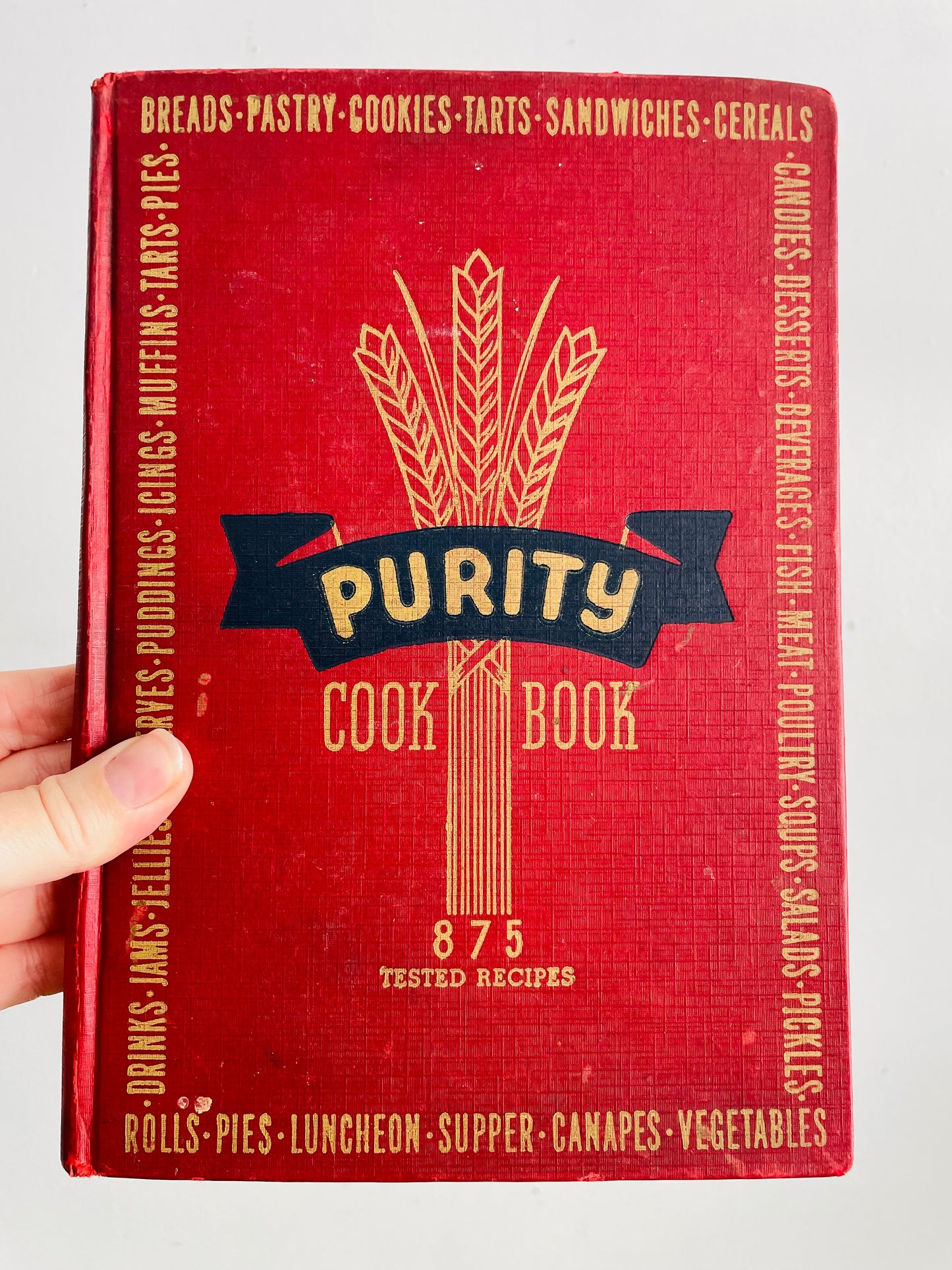 Vintage Purity Cookbook by Purity Flour Mills - Red Hardcover Book - 875 Tested Recipes (1945) Revised Wartime Ration Edition for WW2