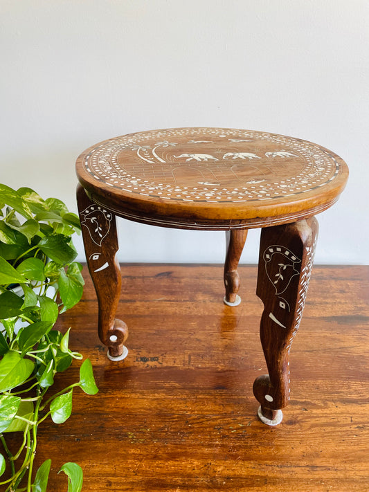 Sissoo Wood / Indian Rosewood Inlaid Art Plant Stand or Side Table with Elaborate Elephant Design - Made in India