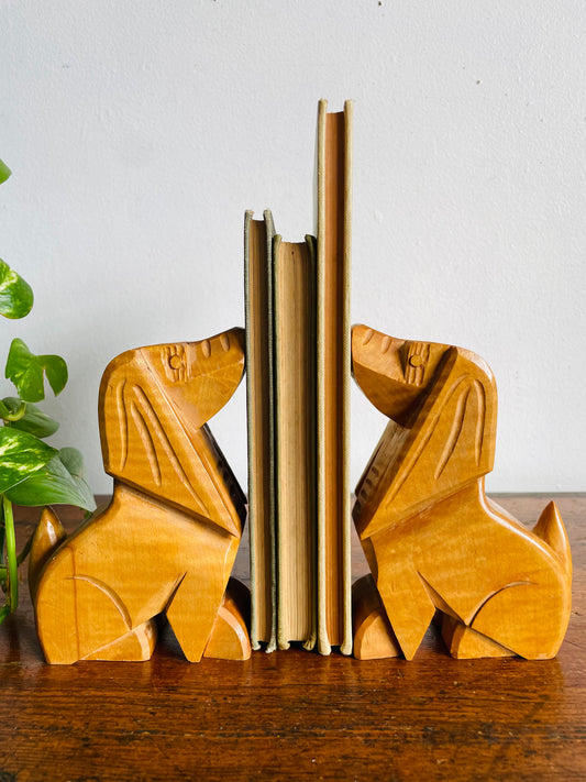 Vintage Carved Wood Hound Dog Bookends - Set of 2