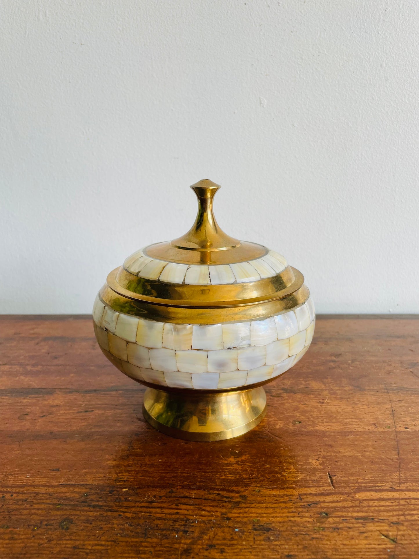 Beautiful Brass Pedestal Bowl with Lid & Inlaid Mother of Pearl Tiles