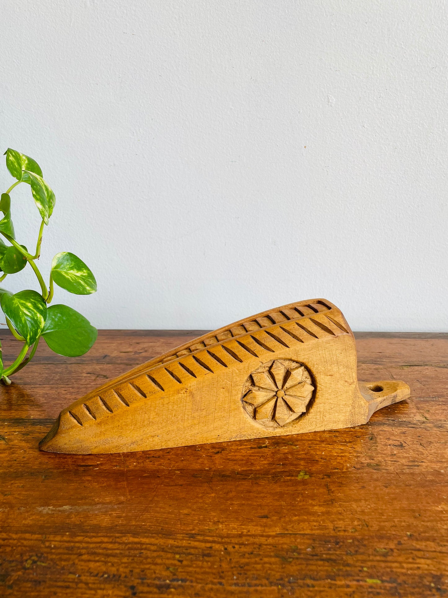 Vintage Hand Carved Wood Wall Pocket Vase with Flower & Stripe Design
