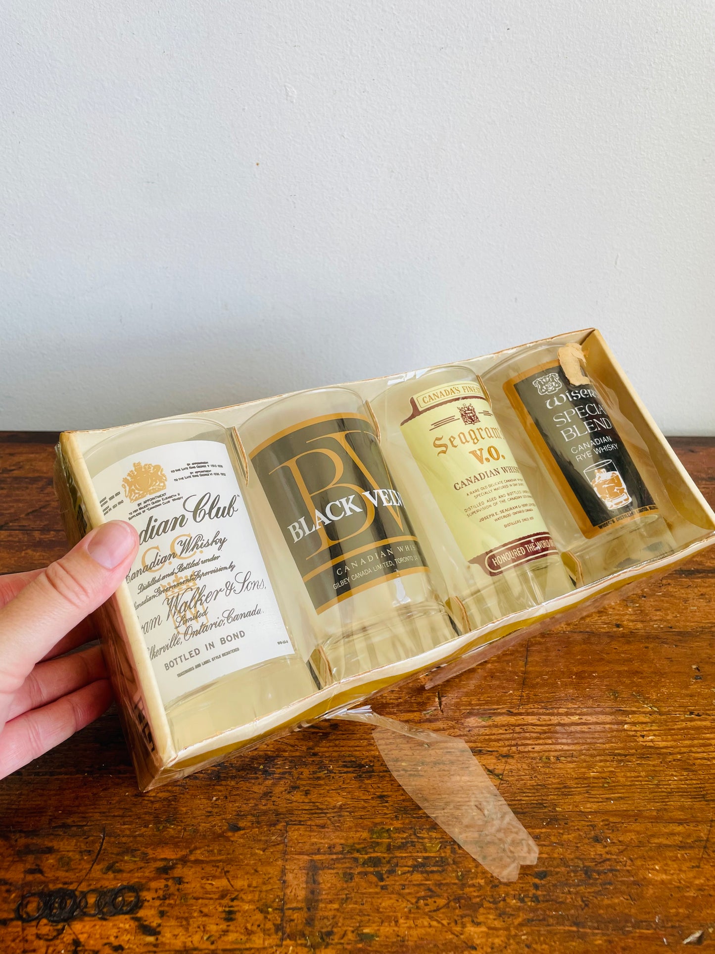 Vintage New Old Stock Canadian Whisky Drinking Glasses - Canadian Club, Black Velvet, Seagram's V.O. & Wiser's - Set of 4 in Original Box - Made in Canada