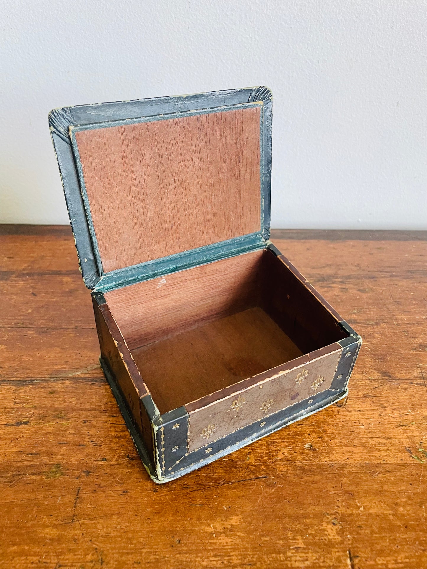 Vintage Black & Brown Italian Tooled Leather Box with Sloped Design & Hinged Lid - Wood Interior