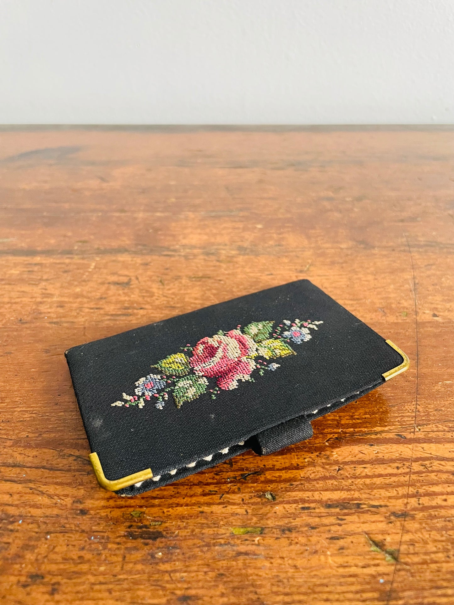 Pocket Sewing Kit in Clip Booklet Case - Made in Western Germany - Black with Brass & Petit Point Floral Embroidery