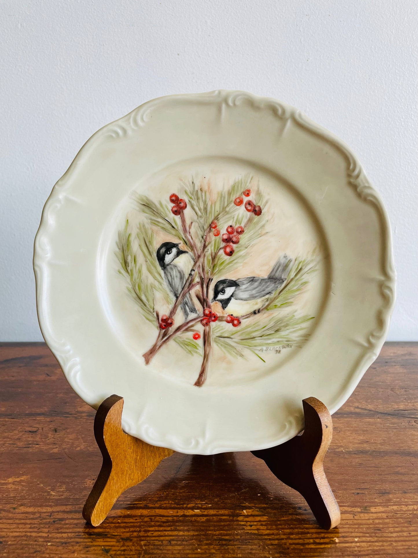 Edelstein Bavaria Maria-Theresia Germany Plate - Hand Painted with Chickadee Bird Winter Scene by A. Blackburn in 1978