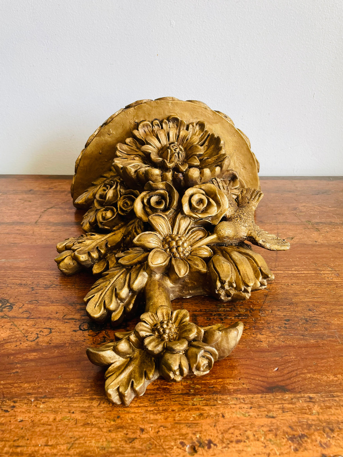 Vintage Gold Wall Floating Hanging Wall Shelf with Ornate Flower and Hummingbird Design