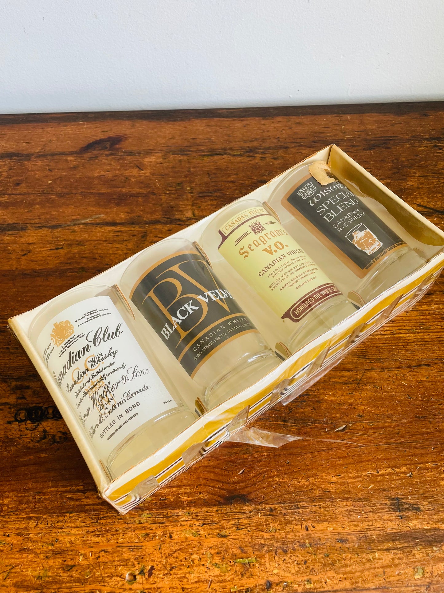 Vintage New Old Stock Canadian Whisky Drinking Glasses - Canadian Club, Black Velvet, Seagram's V.O. & Wiser's - Set of 4 in Original Box - Made in Canada