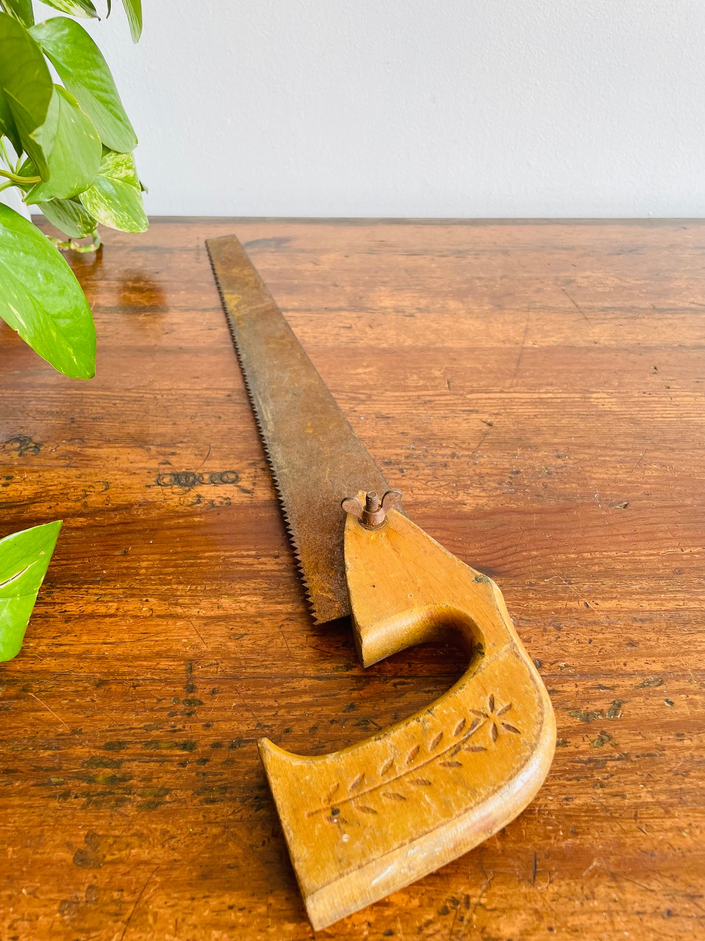 Saw with Floral Carved Wood Handle - Makes Great Wall Decor!