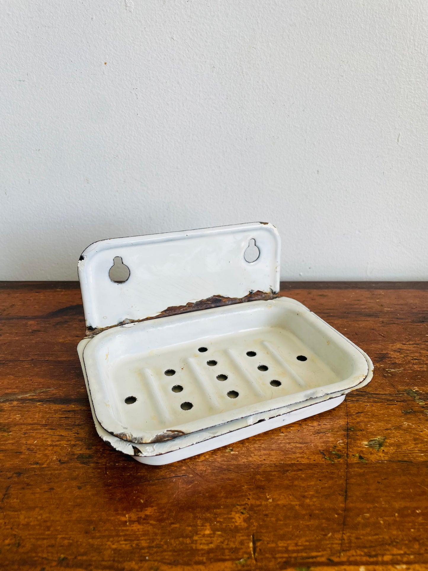 Vintage White Enamel Wall Mount Two Part Soap Dish - Removable Drainage Tray  - Can Stand or Hang - Modern Cottage Farmhouse