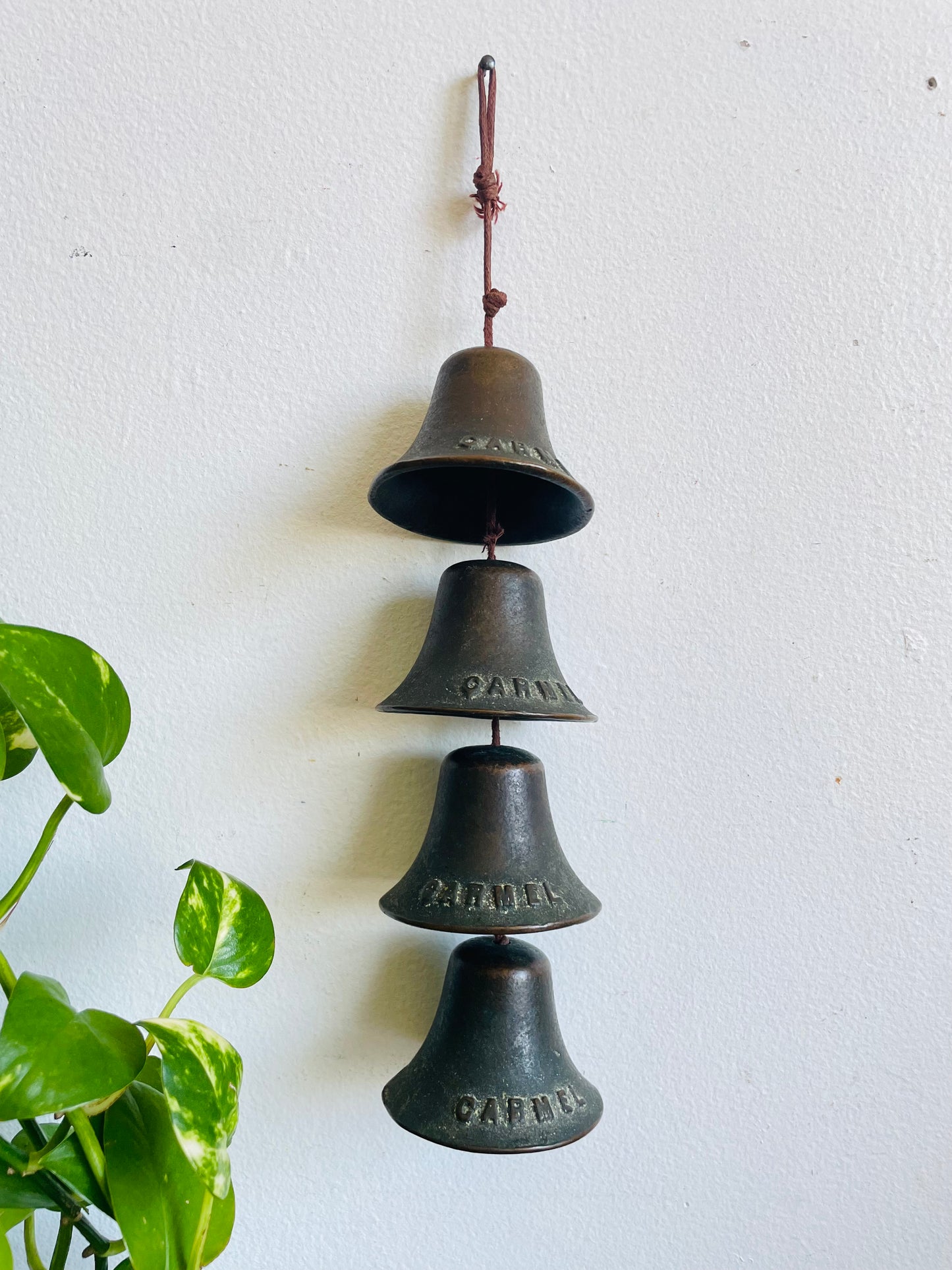 Vintage Carmel California Mission Hanging Bells - Set of 4 on Rope - Heavy & Solid with Aged Patina