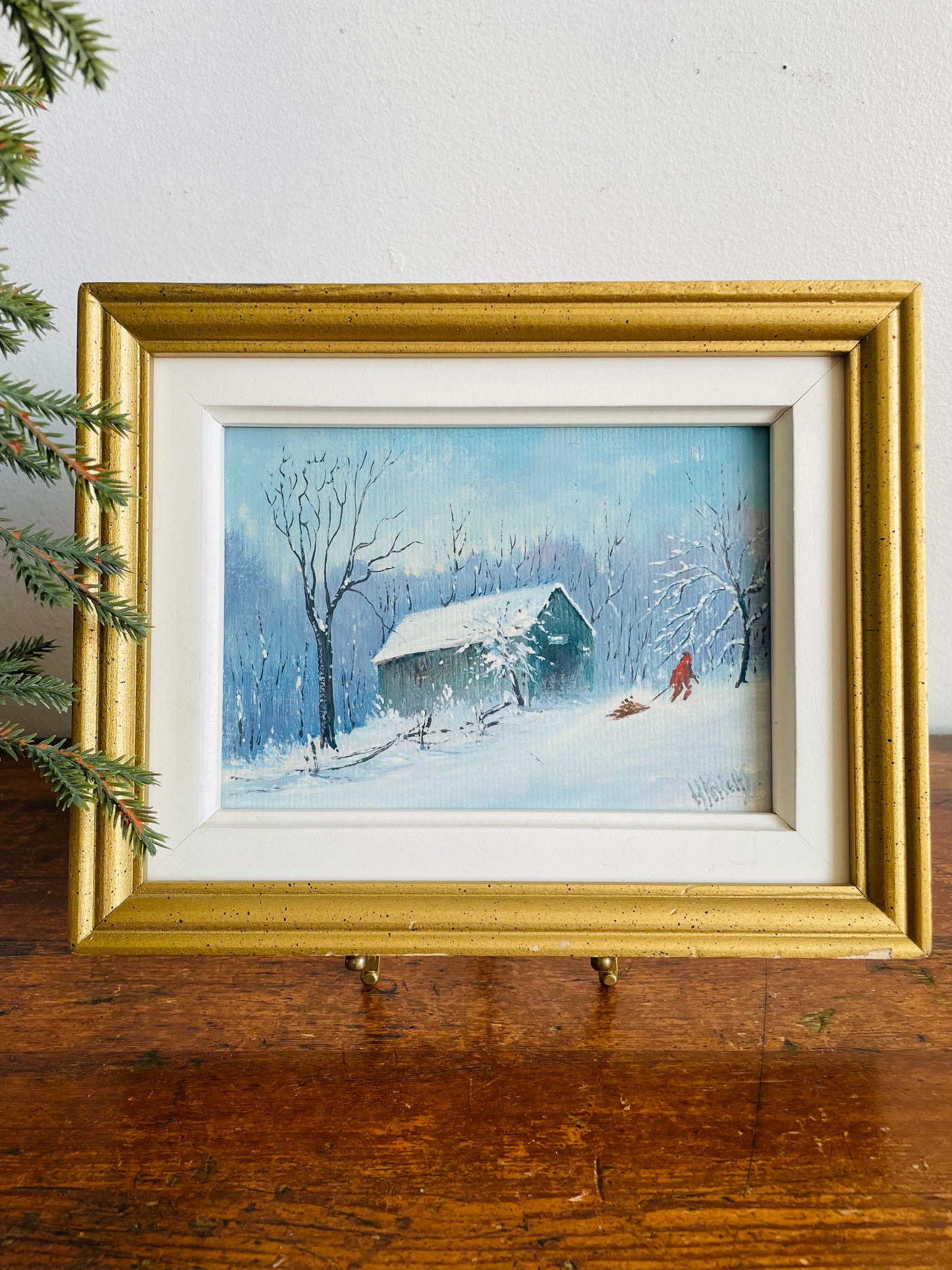 Vintage 1984 Original Art Painting of Child Pulling Sled with Chopped Wood Through Snow - "Painted by Harold Knight in my 89th Year"