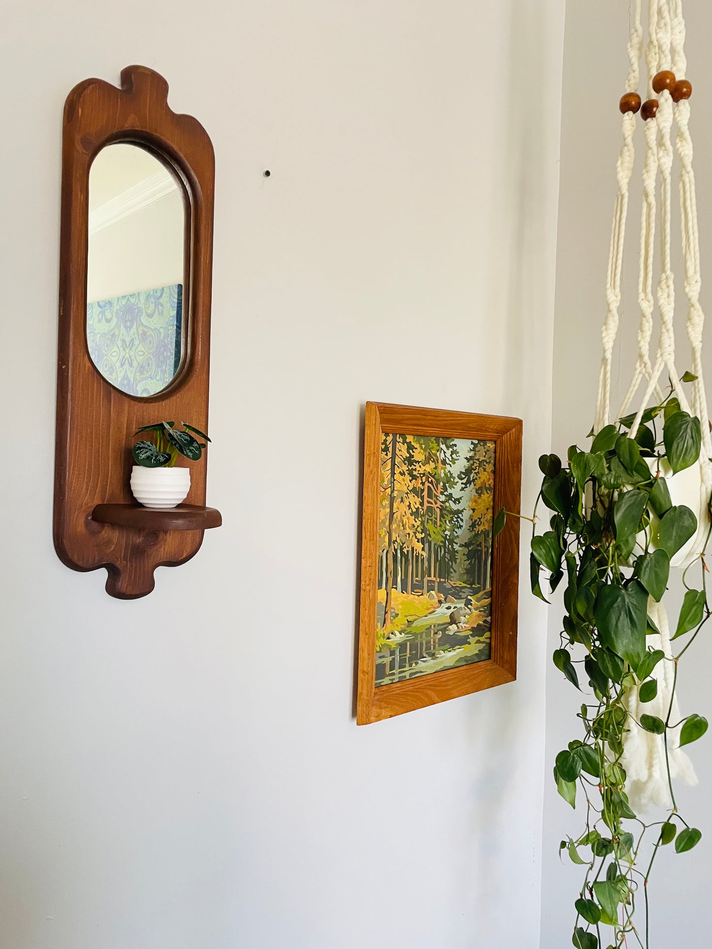 Vintage Organic Wavy Shaped Wood Mirror with Shelf Ledge #2 - 2 Feet Long - No Shipping