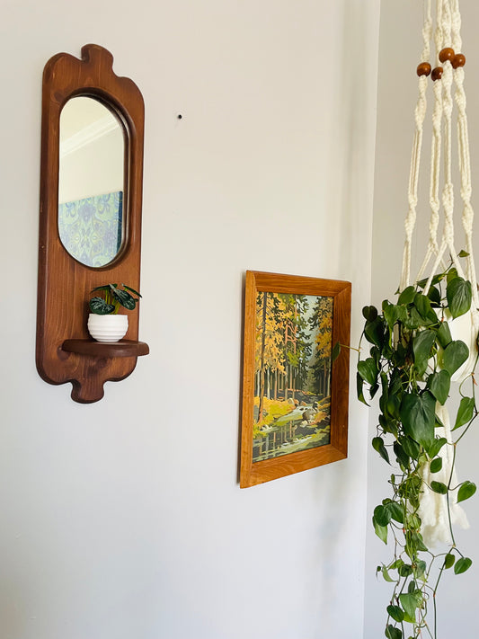 Vintage Organic Wavy Shaped Wood Mirror with Shelf Ledge #2 - 2 Feet Long - No Shipping