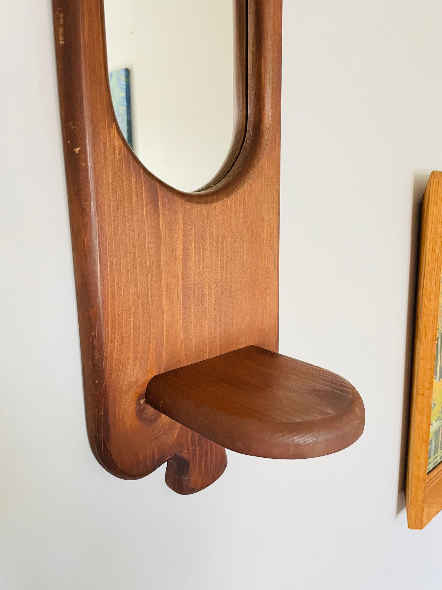 Vintage Organic Wavy Shaped Wood Mirror with Shelf Ledge #2 - 2 Feet Long - No Shipping