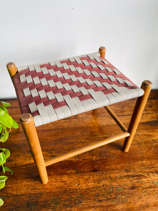 Vintage Small Shaker-Style Wood Footrest Stool with Woven Basketweave Webbing Strap Tape Top