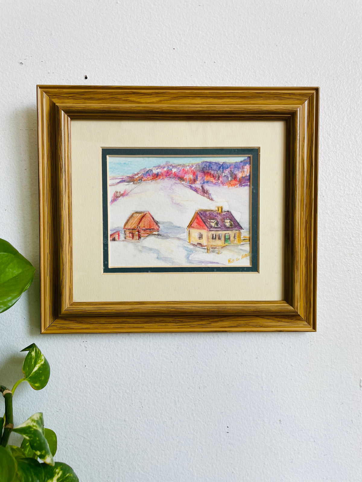 Vintage 2000 Original Art Watercolour Painting of Winter Forest & Houses in Snow Scene - Artist Signed Roz
