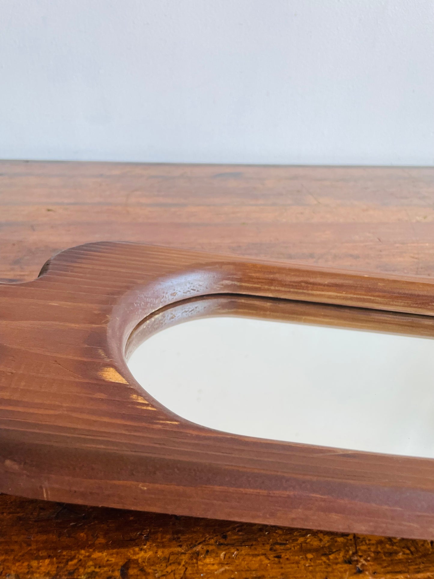 Vintage Organic Wavy Shaped Wood Mirror with Shelf Ledge #1 - 2 Feet Long - No Shipping