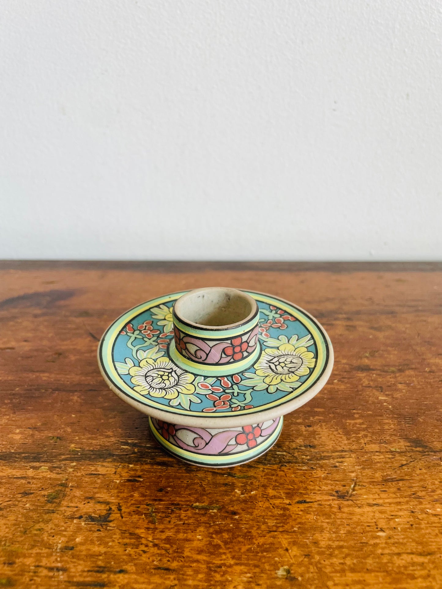 Vintage Baan Celadon Chiang Mai Pottery Candle Holder with Beautiful Flower Design - Made in Thailand