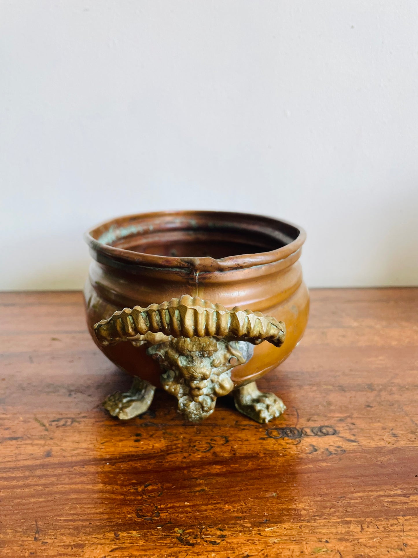 Antique Copper Jardiniere Planter Trough Pot Tub with Brass Lion Handles & Claw Feet