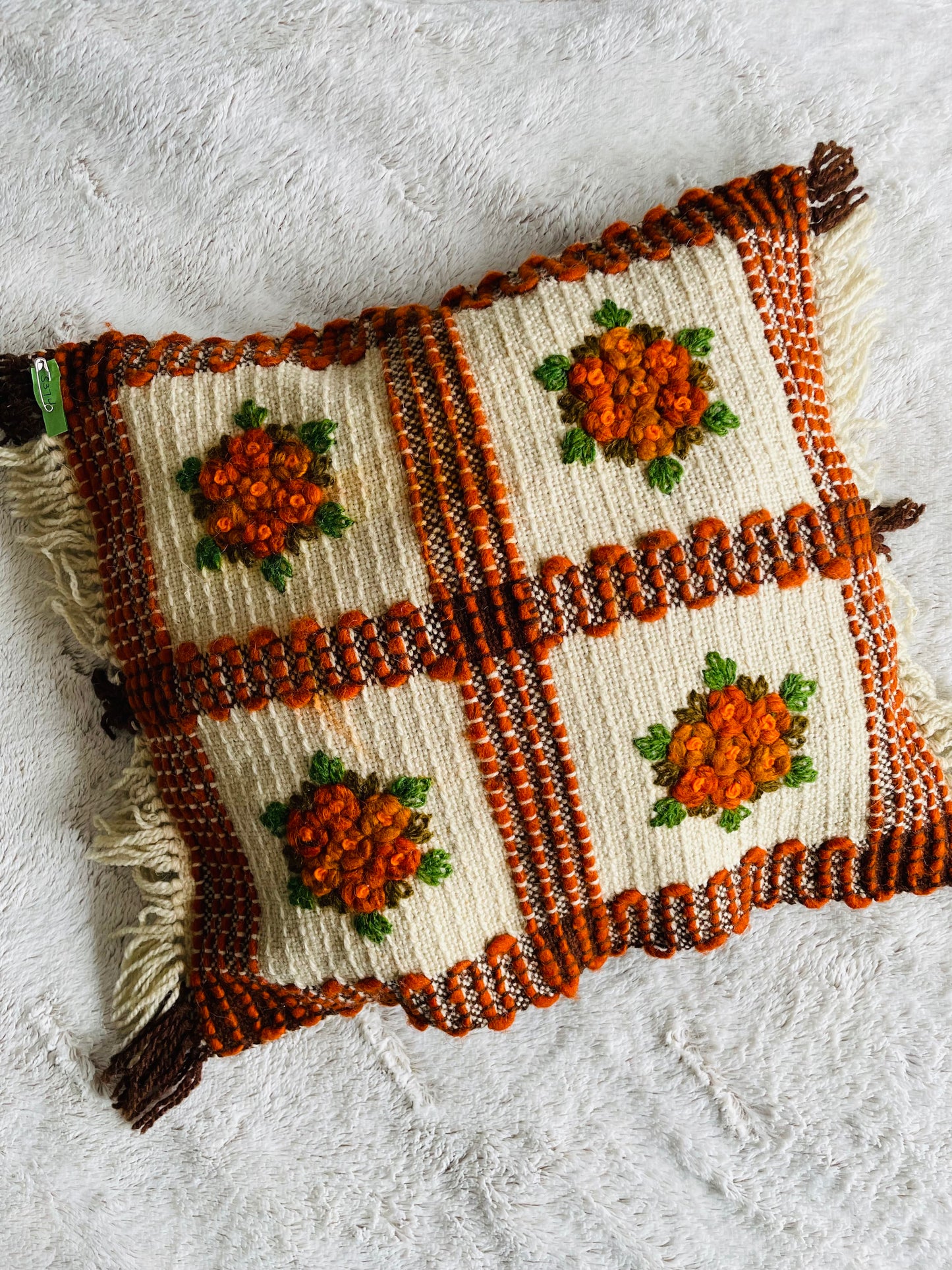 Polish Hand Knotted Woven Wool Throw Pillowcase with Embroidered Flowers