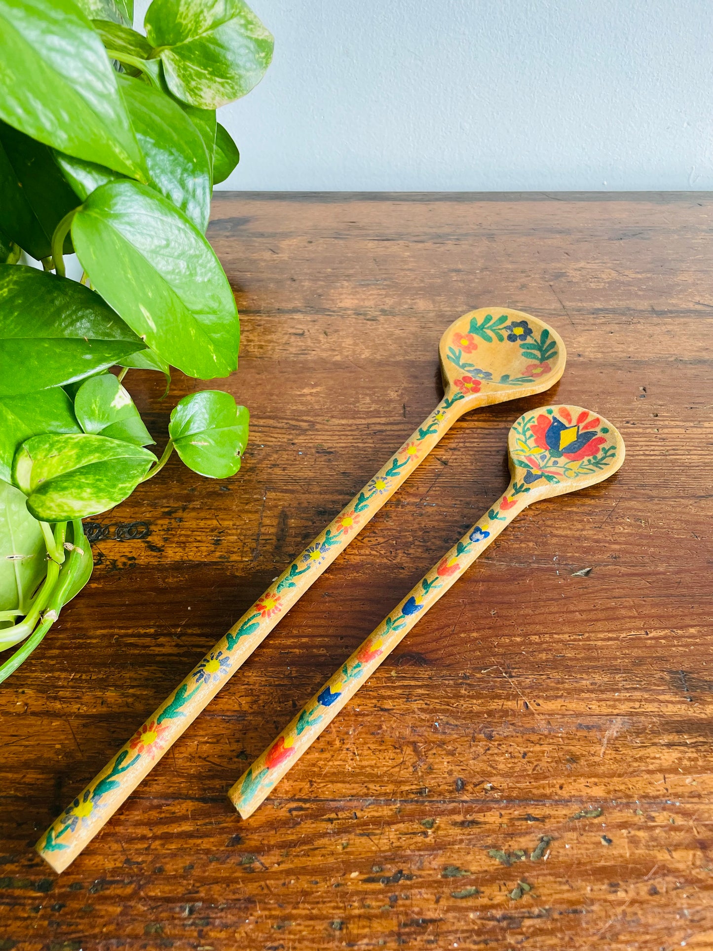 Hand Painted Wooden Spoons with Folk Art Flower Design - Set of 2