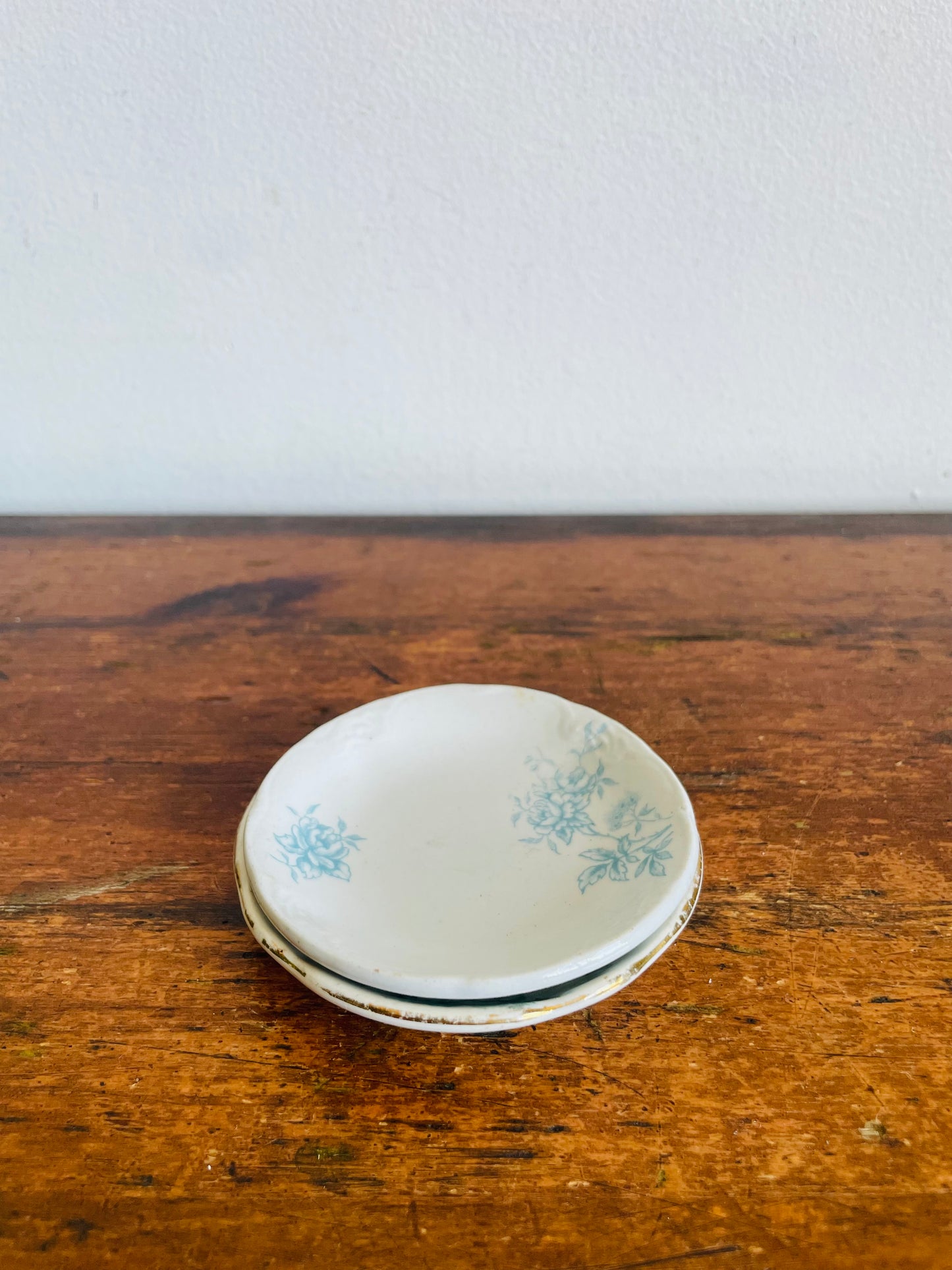 Vintage Miniature White Butter Pat Dishes with Blue Floral Design - Made in England - Set of 2