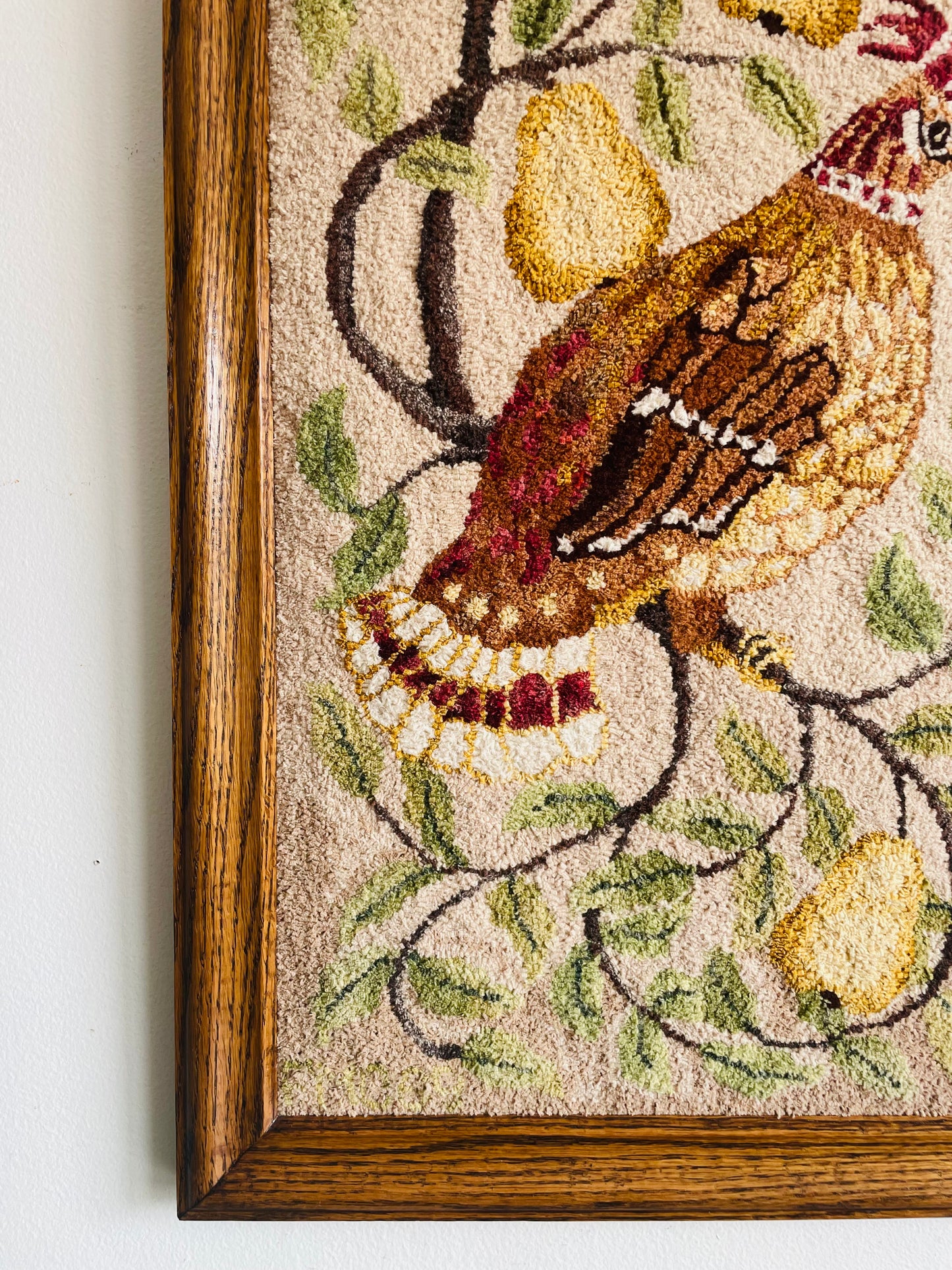 Vintage Stunning Partridge Bird in a Pear Tree Handmade Rug Hooking in Solid Wood Frame - No Shipping